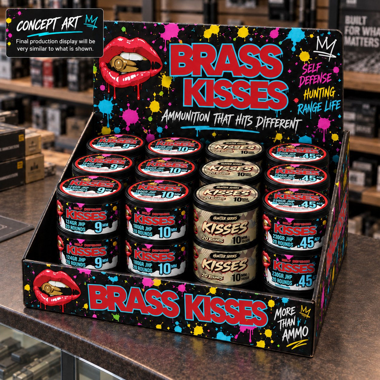 Brass Kisses branded countertop display, concept rendering